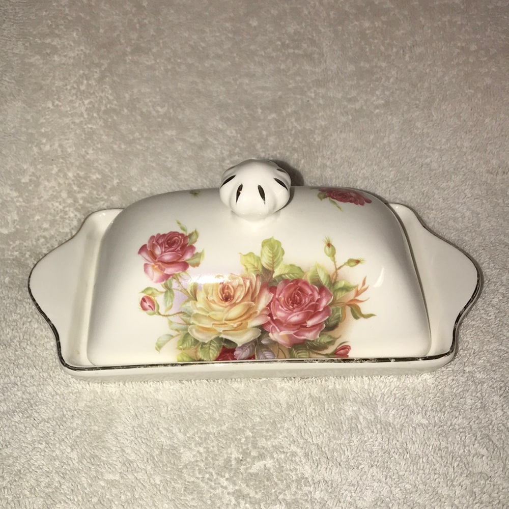 Grace’s Teaware Butter Dish with Pink and Yellow Flowers